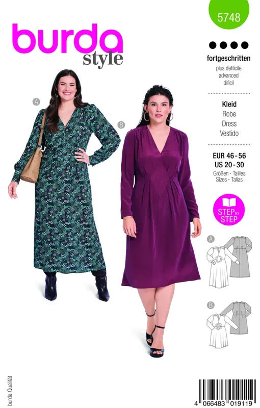 Populärt just nu | Burda 5748 - Klänning med draperade veck dam (46-56)